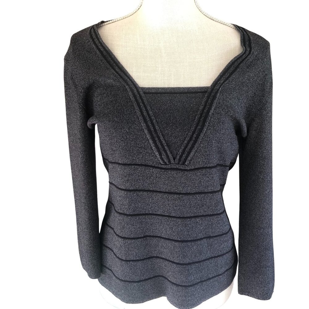 Spense Gray Metallic Long Sleeve Top Rib Detail Stretchy Dressy Blouse M